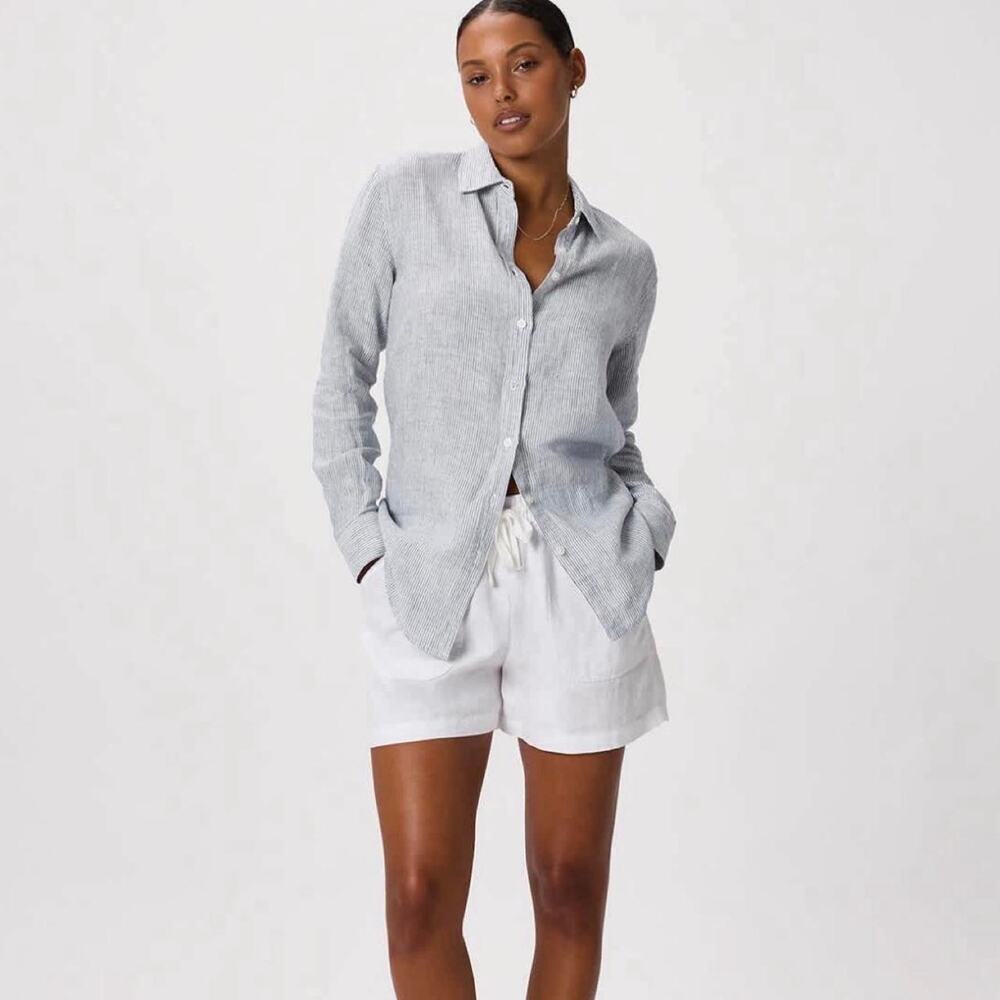 Quince small European linen long sleeve shirt in blue pinstripe, size S